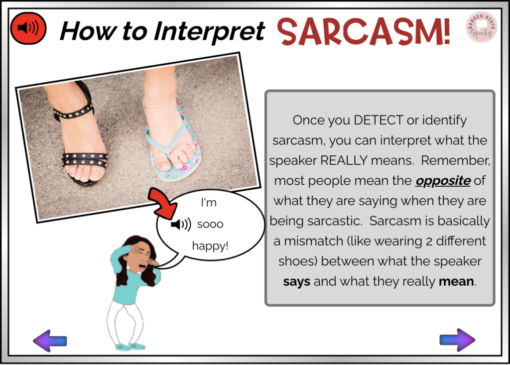 interpreting sarcasm, mismatch, meaning, intention, social skills online, teaching sarcasm, social skills games, speech therapy