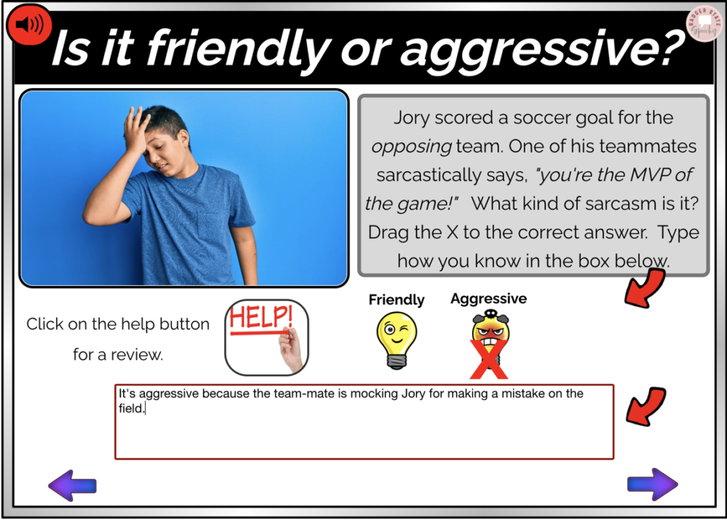 aggressive sarcasm, speech therapy, boom cards, teletherapy, teaching sarcasm, when to use sarcasm, BOOM cards